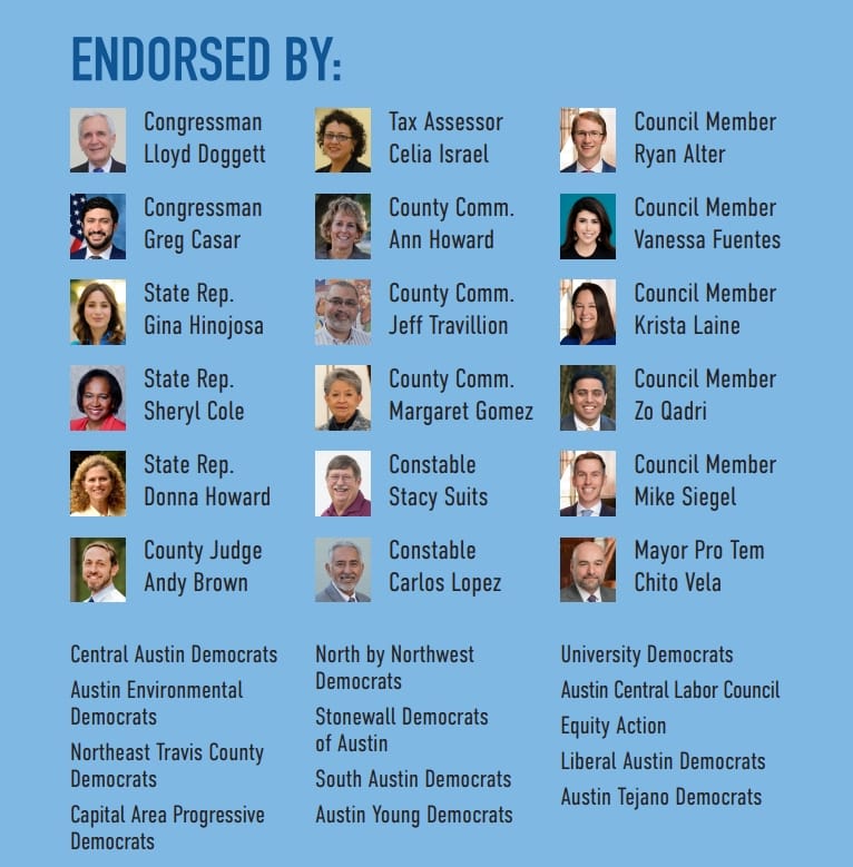 Doug Greco for Austin City Council Chair endorsed by Congressman Lloyd Doggett, Congressman Greg Casar, State Rep. Gina Hinojosa, State Rep. Sheryl Cole, State Rep. Donna Howard, County Judge Andy Brown, Tax Assessor Celia Israel, County Commissioner Ann Howard, County Commissioner Jeff Travillion, County Commissioner Margaret Gomez, Constable Stacy Suits, Constable Carlos Lopez, Council Member Ryan Alter, Council Member Vanessa Fuentes, Council Member Krista Laine, Council Member Zo Qadri, Council Member Mike Siegel, Mayor Pro Tem Chito Vela, and organizations including Central Austin Democrats, Austin Environmental Democrats, Northeast Travis County Democrats, Capital Area Progressive Democrats, North by Northwest Democrats, Stonewall Democrats of Austin, South Austin Democrats, Austin Young Democrats, University Democrats, Austin Central Labor Council, Equity Action, Liberal Austin Democrats, and Austin Tejano Democrats.